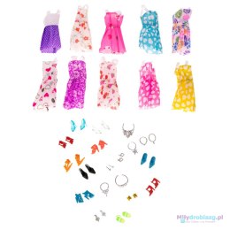 Ubranka dla lalek sukienki buciki biżuteria duży zestaw XL 43 elementy