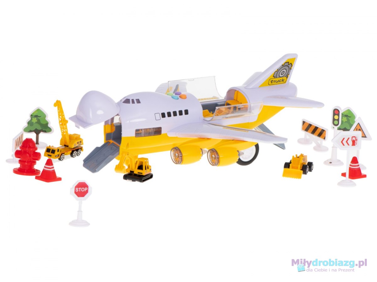 Transporter samolot + 6 aut pojazdy budowlane bok/przód