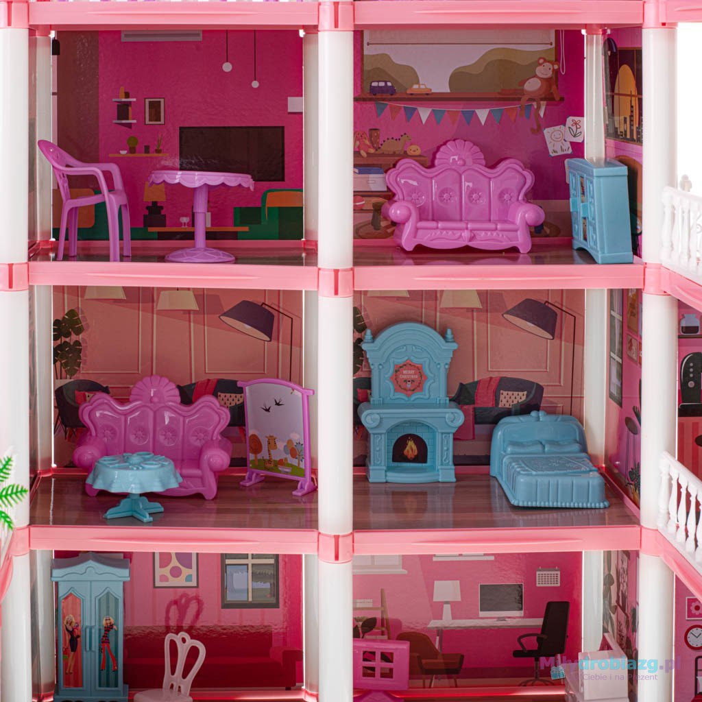 Domek dla lalek willa różowa DIY 4 poziomy mebelki