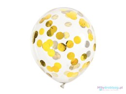 Balony transparentne z konfetti złote kółka 30cm 6 sztuk