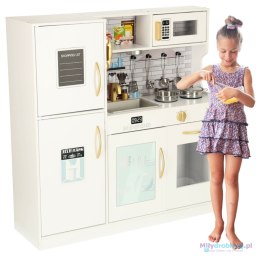 Kuchnia dla dzieci drewniana z lodówką listą zakupów światło LED + akcesoria garnki sztućce duża 80cm